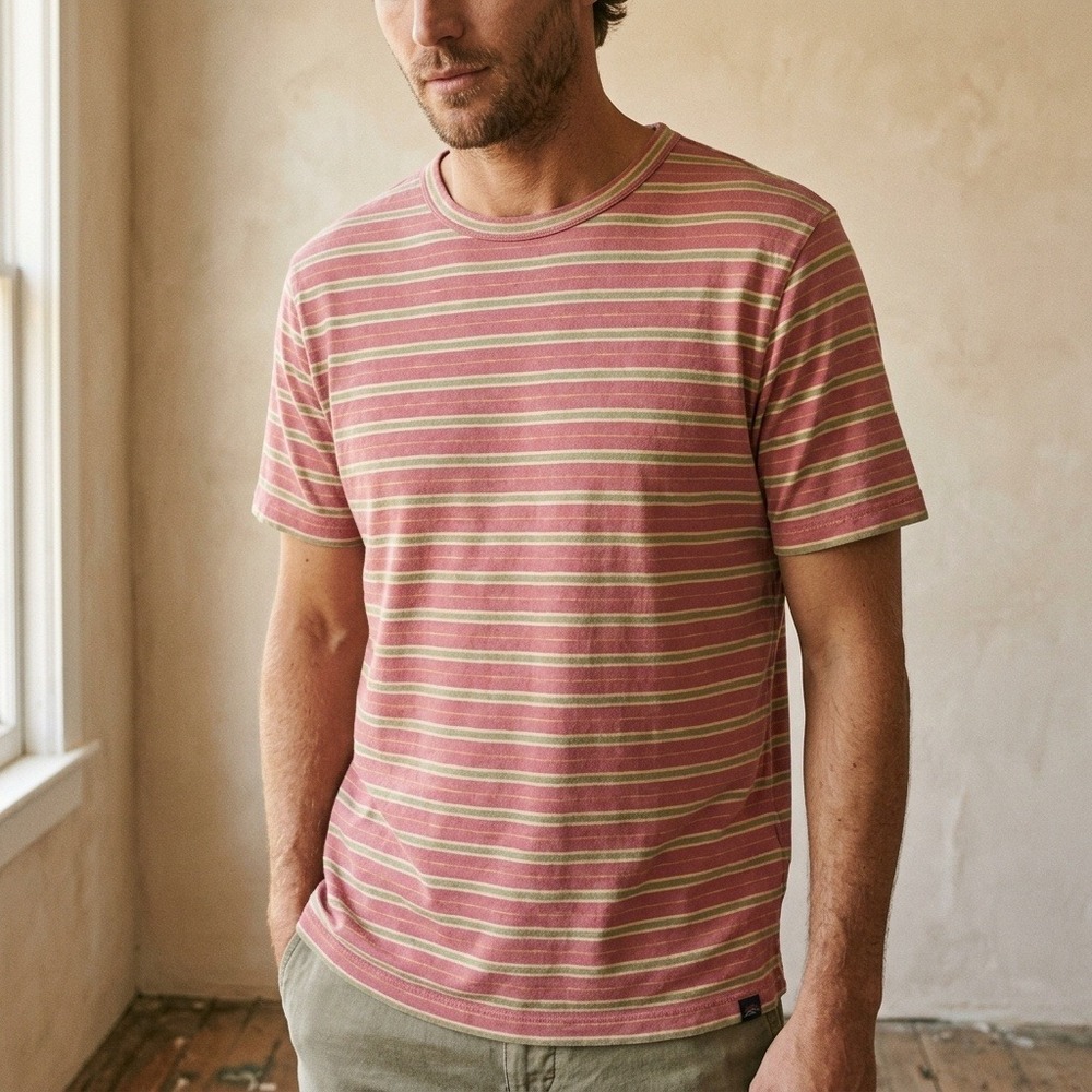 Faherty Mens Sunwashed Tee Medium Pink Striped Organic Cotton Short Sleeve Top